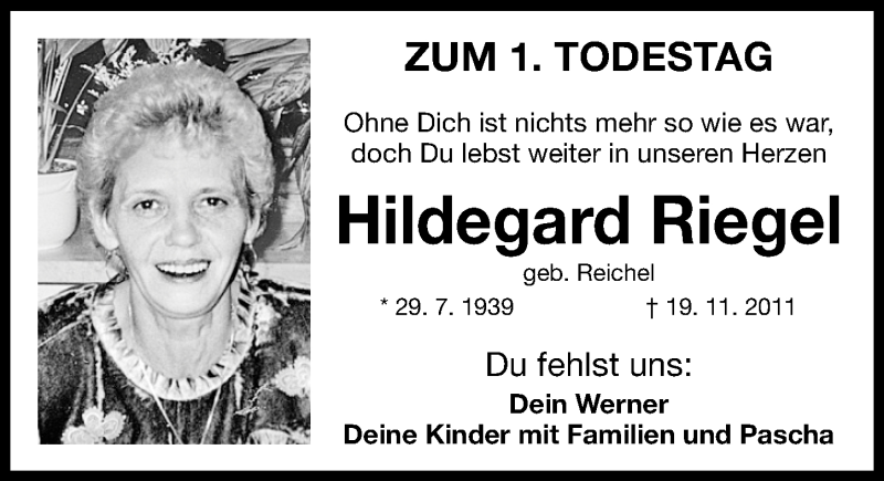  Traueranzeige für Hildegard Riegel vom 19.11.2012 aus Gesamtausgabe Nürnberger Nachrichten/ Nürnberger Ztg.