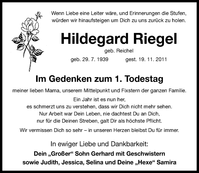  Traueranzeige für Hildegard Riegel vom 19.11.2012 aus Gesamtausgabe Nürnberger Nachrichten/ Nürnberger Ztg.