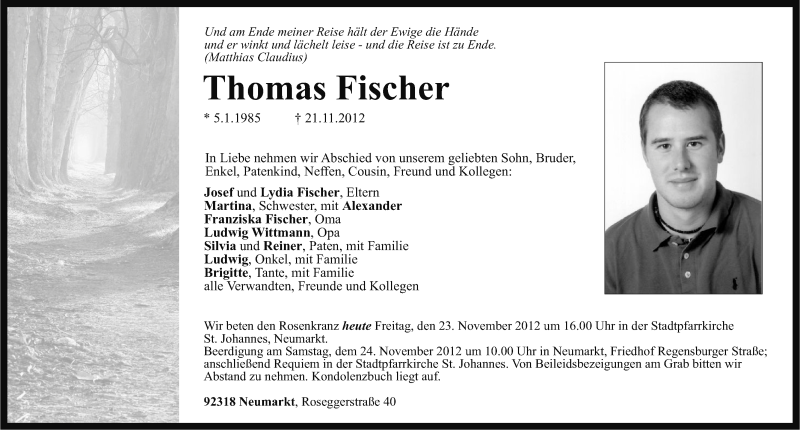  Traueranzeige für Thomas Fischer vom 23.11.2012 aus Neumarkter Nachrichten Lokal