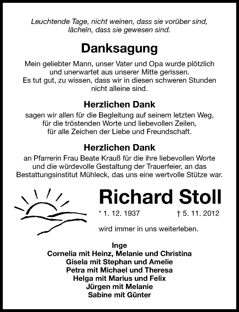  Traueranzeige für Richard Stoll vom 24.11.2012 aus Roth-Hilpoltsteiner Volkszeitung Lokal