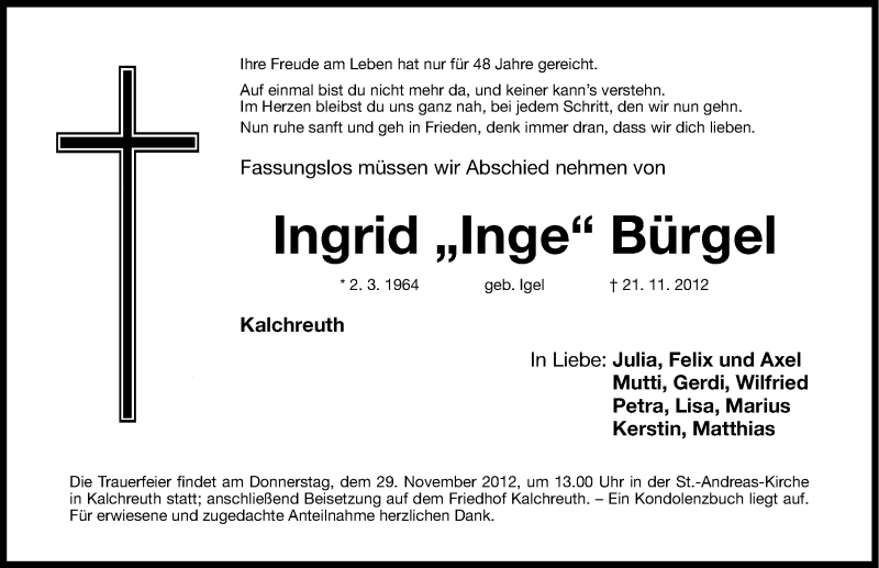  Traueranzeige für Ingrid Inge Bürgel vom 28.11.2012 aus Gesamtausgabe Nürnberger Nachrichten/ Nürnberger Ztg.