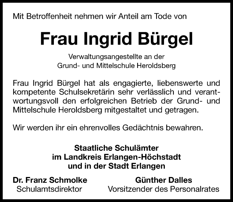  Traueranzeige für Ingrid Inge Bürgel vom 28.11.2012 aus Erlanger Nachrichten Lokal