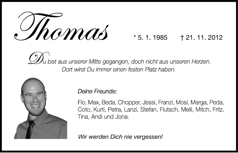  Traueranzeige für Thomas Fischer vom 01.12.2012 aus Neumarkter Nachrichten Lokal