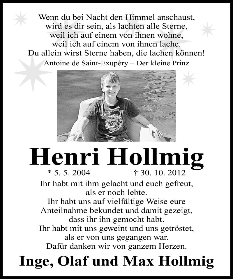  Traueranzeige für Henri Hollmig vom 15.12.2012 aus Nordbayerische Nachrichten Forchheim Lokal