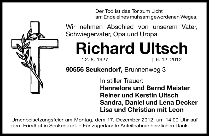  Traueranzeige für Richard Ultsch vom 14.12.2012 aus Fürther Nachrichten Lokal