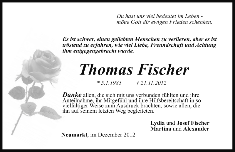  Traueranzeige für Thomas Fischer vom 15.12.2012 aus Neumarkter Nachrichten Lokal