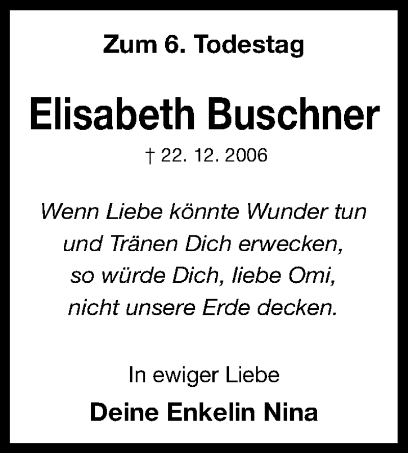  Traueranzeige für Elisabeth Buschner vom 22.12.2012 aus Erlanger Nachrichten Lokal