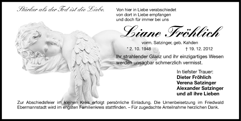  Traueranzeige für Liane Fröhlich vom 29.12.2012 aus Gesamtausgabe Nürnberger Nachrichten/ Nürnberger Ztg.