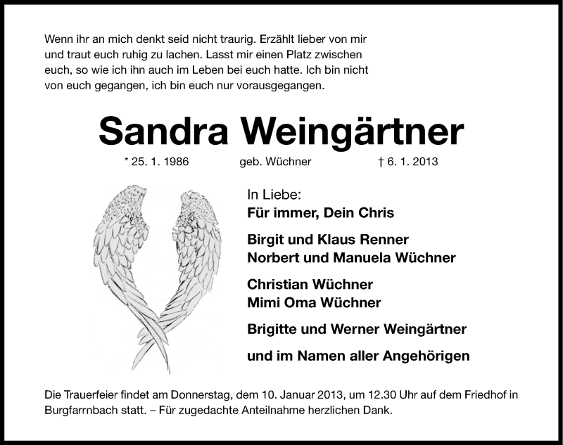  Traueranzeige für Sandra Weingärtner vom 08.01.2013 aus Fürther Nachrichten Lokal
