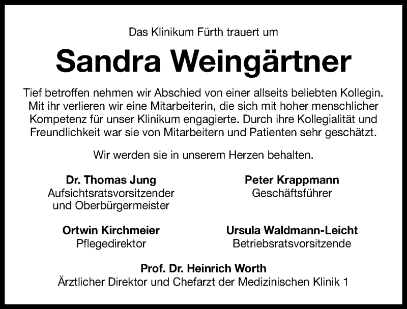  Traueranzeige für Sandra Weingärtner vom 09.01.2013 aus Fürther Nachrichten Lokal