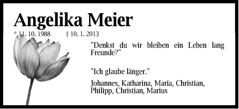  Traueranzeige für Angelika Meier vom 14.01.2013 aus Fürther Nachrichten Lokal