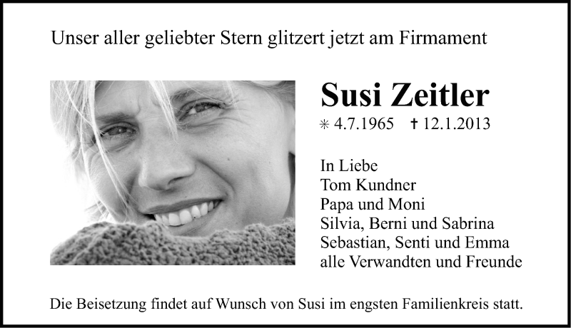  Traueranzeige für Susi Zeitler vom 15.01.2013 aus Erlanger Nachrichten Lokal