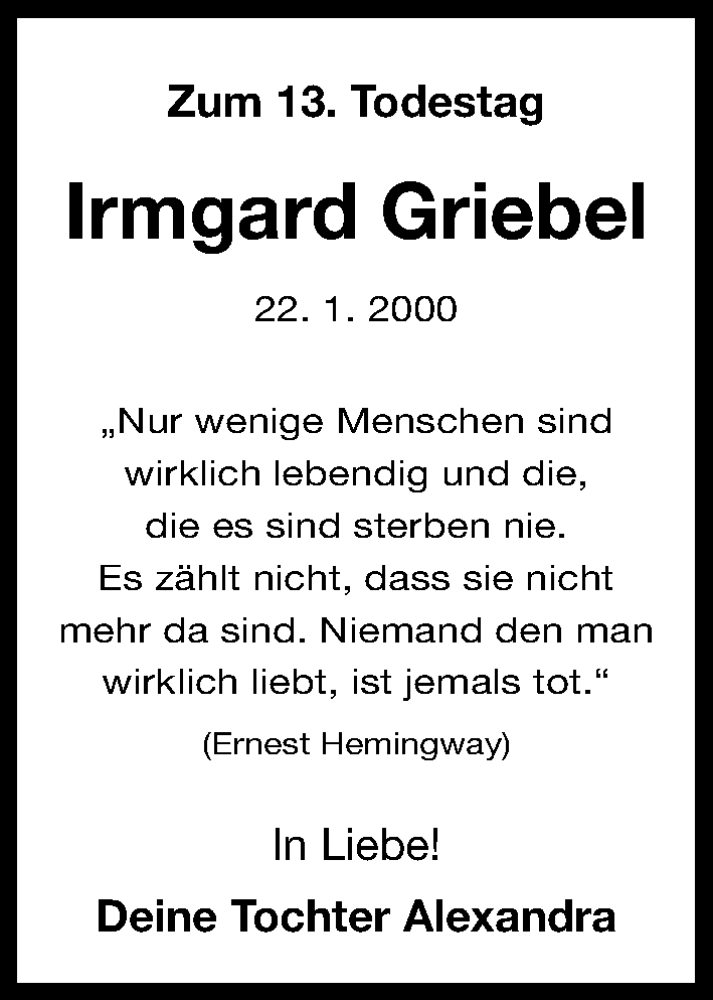  Traueranzeige für Irmgard Griebel vom 22.01.2013 aus Erlanger Nachrichten Lokal