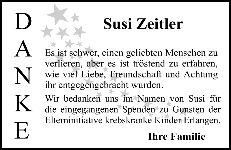  Traueranzeige für Susi Zeitler vom 26.01.2013 aus Erlanger Nachrichten Lokal