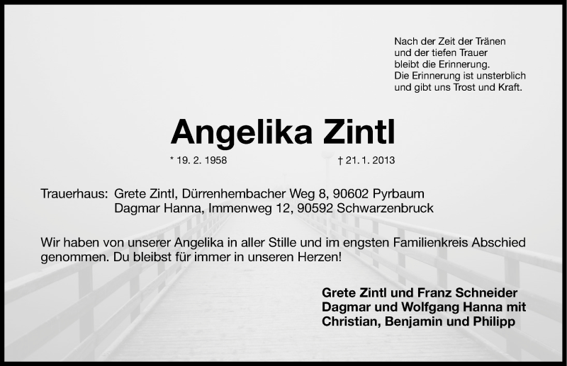  Traueranzeige für Angelika Zintl vom 26.01.2013 aus Gesamtausgabe Nürnberger Nachrichten/ Nürnberger Ztg.