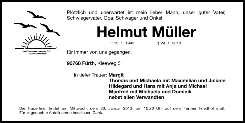  Traueranzeige für Helmut Müller vom 26.01.2013 aus Fürther Nachrichten Lokal