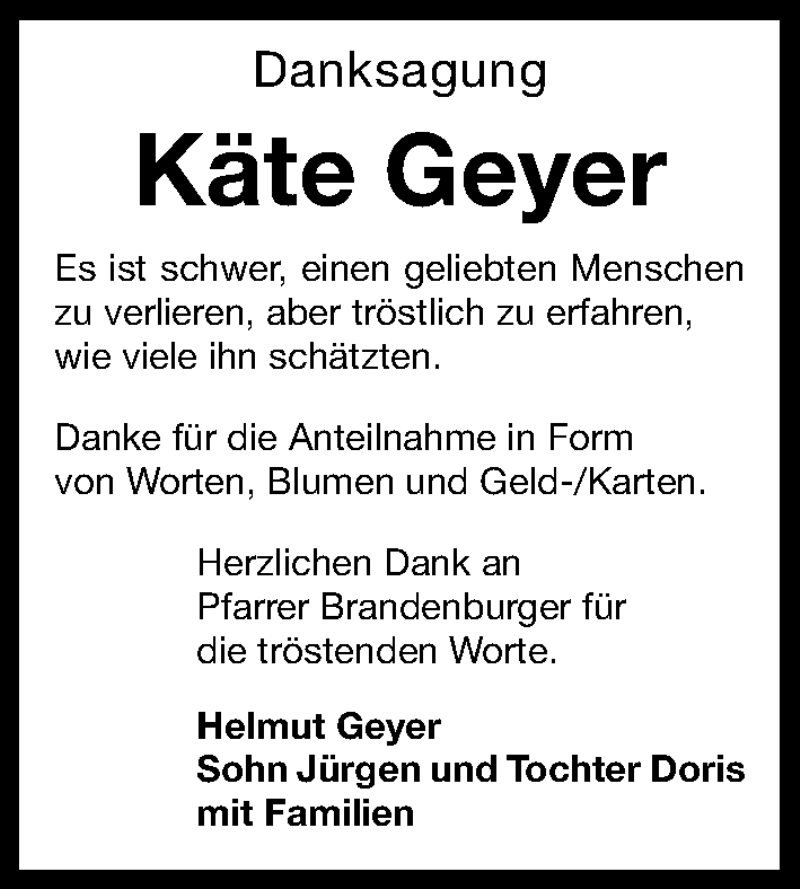  Traueranzeige für Käte Geyer vom 06.02.2013 aus Gesamtausgabe Nürnberger Nachrichten/ Nürnberger Ztg.