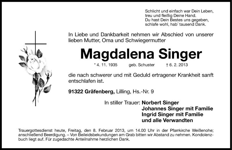  Traueranzeige für Magdalena Singer vom 08.02.2013 aus Nordbayerische Nachrichten Forchheim Lokal