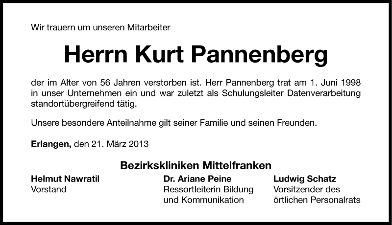  Traueranzeige für Kurt Pannenberg vom 22.03.2013 aus Gesamtausgabe Nürnberger Nachrichten/ Nürnberger Ztg.