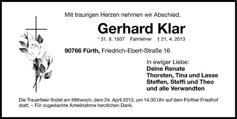  Traueranzeige für Gerhard Klar vom 23.04.2013 aus Fürther Nachrichten Lokal
