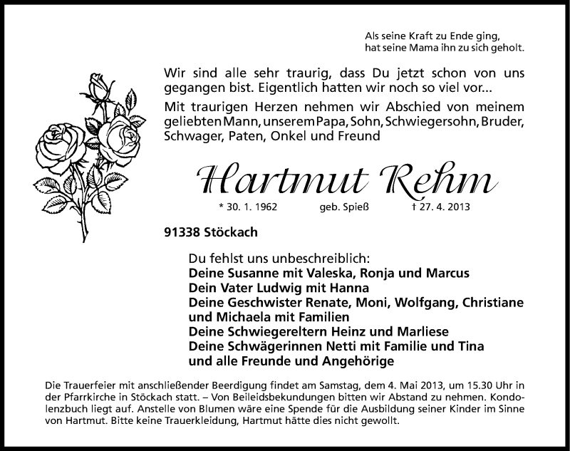  Traueranzeige für Hartmut Rehm vom 01.05.2013 aus Erlanger Nachrichten Lokal