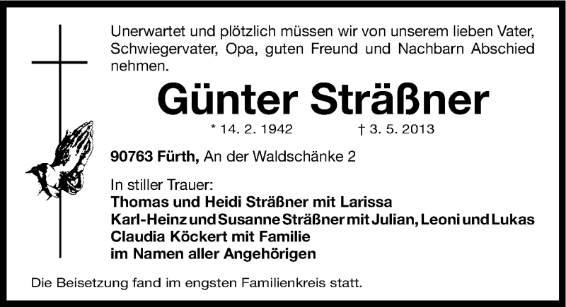  Traueranzeige für Günter Sträßner vom 22.05.2013 aus Fürther Nachrichten Lokal