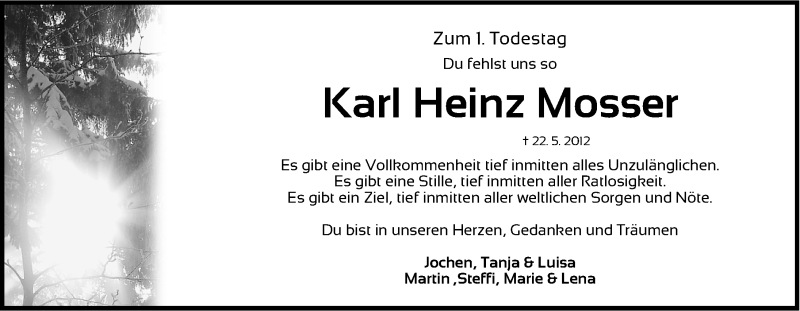  Traueranzeige für Karl Heinz Mosser vom 22.05.2013 aus Altmühl-Bote Lokal
