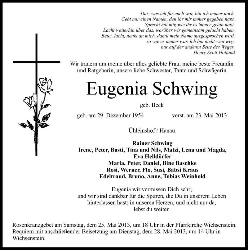  Traueranzeige für Eugenia Schwing vom 25.05.2013 aus Nordbayerische Nachrichten Forchheim Lokal