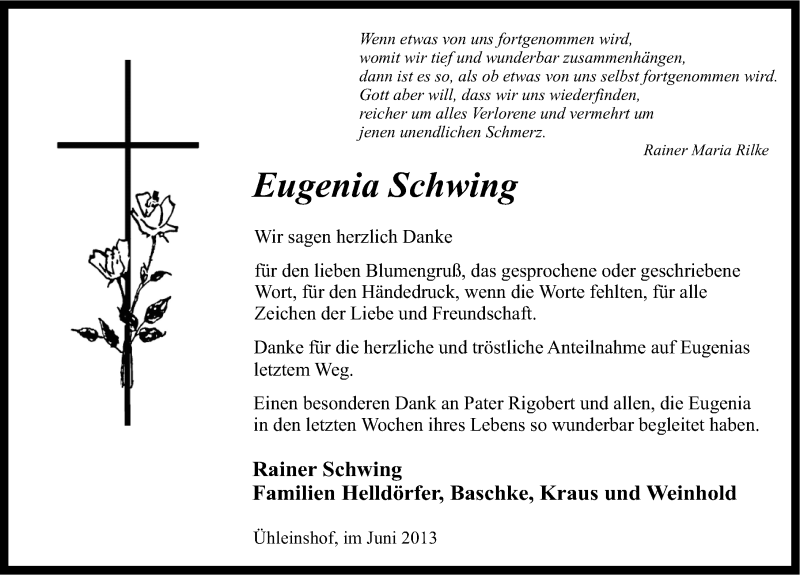  Traueranzeige für Eugenia Schwing vom 22.06.2013 aus Nordbayerische Nachrichten Forchheim Lokal
