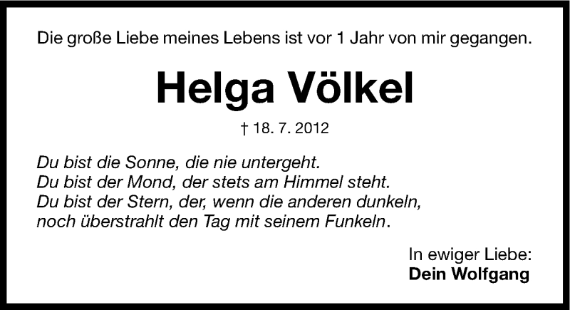  Traueranzeige für Helga Völkel vom 18.07.2013 aus Gesamtausgabe Nürnberger Nachrichten/ Nürnberger Ztg.