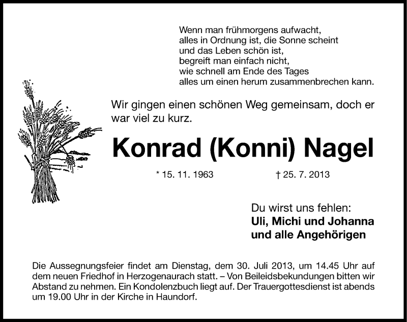  Traueranzeige für Konrad Nagel vom 27.07.2013 aus Nordbayerische Nachrichten Herzogenaurach Lokal