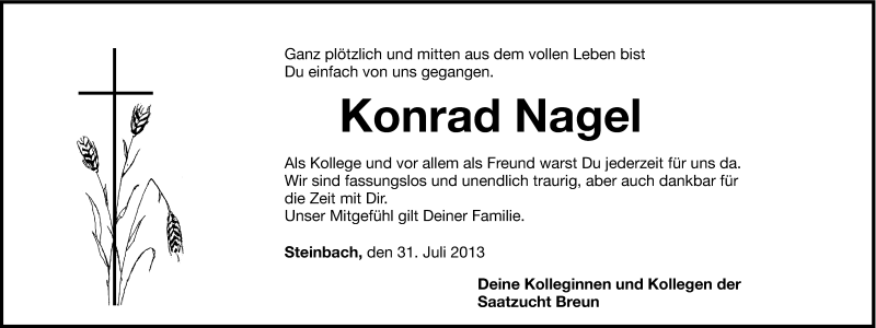  Traueranzeige für Konrad Nagel vom 31.07.2013 aus Nordbayerische Nachrichten Herzogenaurach Lokal