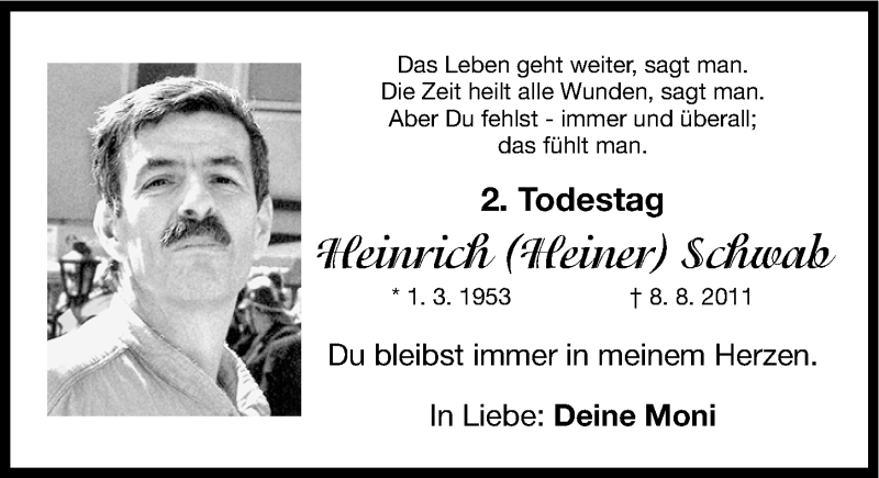  Traueranzeige für Heinrich Schwab vom 08.08.2013 aus Gesamtausgabe Nürnberger Nachrichten/ Nürnberger Ztg.