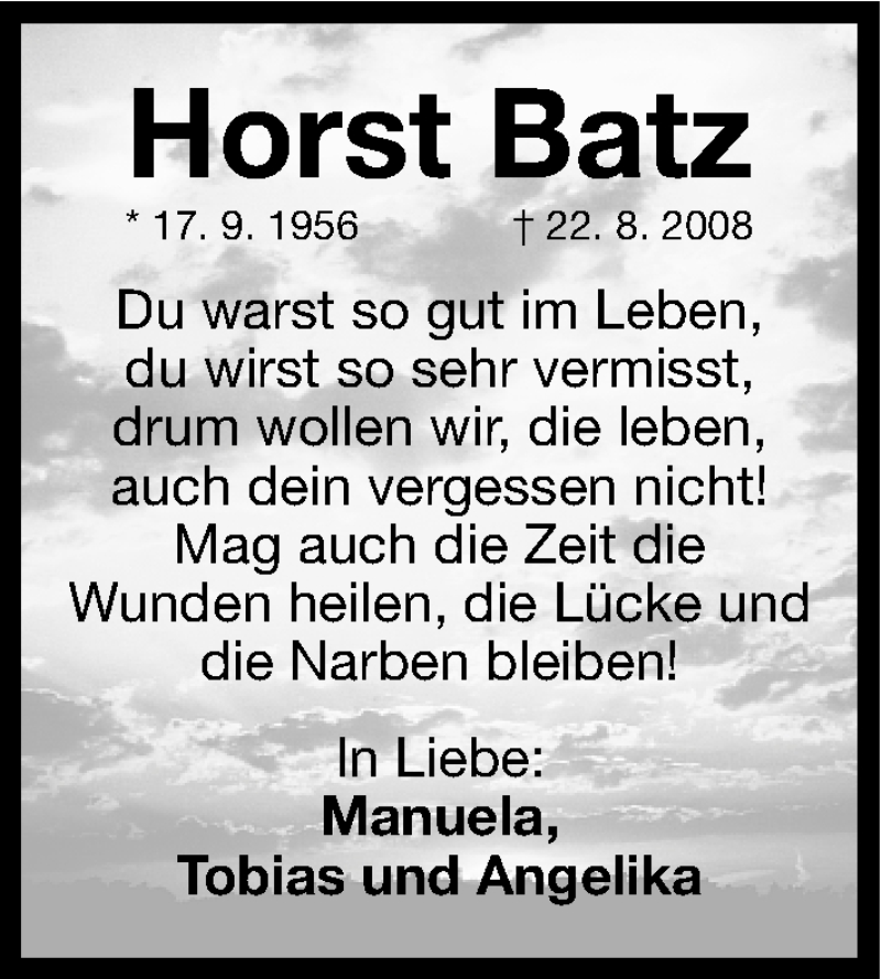  Traueranzeige für Horst Batz vom 24.08.2013 aus Erlanger Nachrichten Lokal