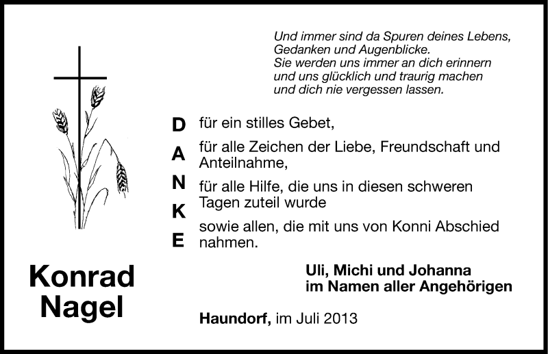  Traueranzeige für Konrad Nagel vom 10.08.2013 aus Nordbayerische Nachrichten Herzogenaurach Lokal