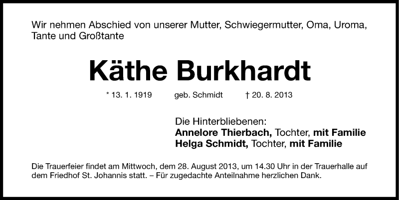  Traueranzeige für Käthe Burkhardt vom 23.08.2013 aus Gesamtausgabe Nürnberger Nachrichten/ Nürnberger Ztg.