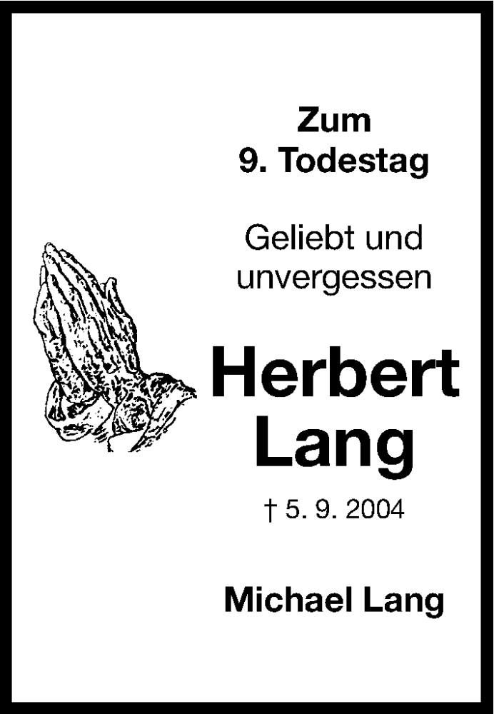  Traueranzeige für Herbert Lang vom 05.09.2013 aus Erlanger Nachrichten Lokal