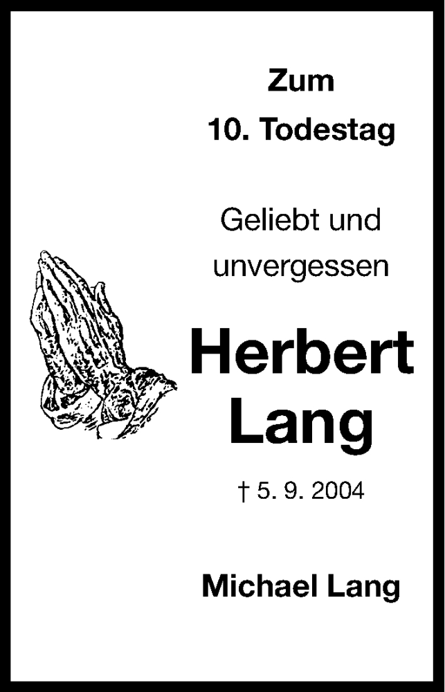  Traueranzeige für Herbert Lang vom 05.09.2014 aus Erlanger Nachrichten Lokal