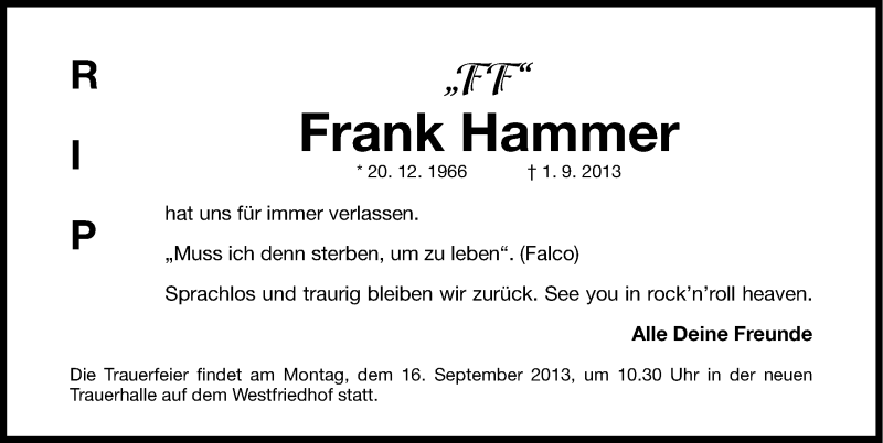  Traueranzeige für Frank Hammer vom 14.09.2013 aus Gesamtausgabe Nürnberger Nachrichten/ Nürnberger Ztg.
