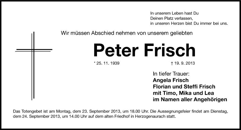  Traueranzeige für Peter Frisch vom 20.09.2013 aus Nordbayerische Nachrichten Herzogenaurach Lokal