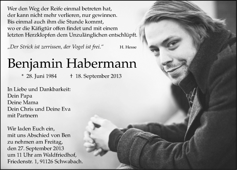  Traueranzeige für Benjamin Habermann vom 25.09.2013 aus Gesamtausgabe Nürnberger Nachrichten/ Nürnberger Ztg.