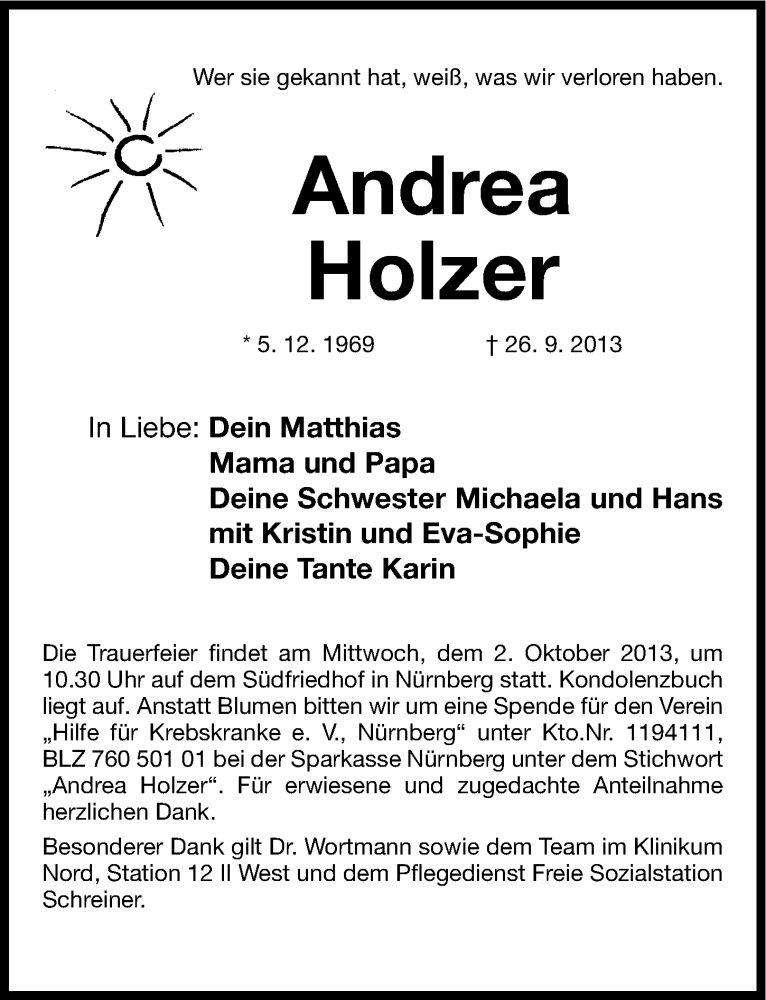 Traueranzeige für Andrea Holzer vom 30.09.2013 aus Gesamtausgabe Nürnberger Nachrichten/ Nürnberger Ztg.