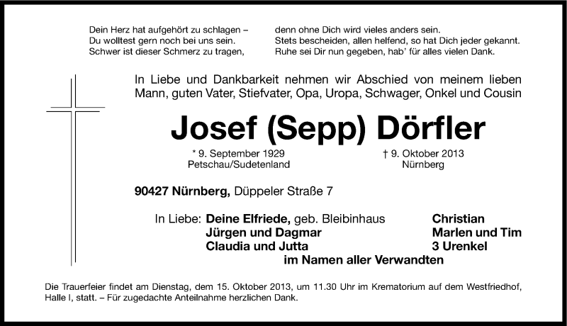  Traueranzeige für Josef Dörfler vom 12.10.2013 aus Gesamtausgabe Nürnberger Nachrichten/ Nürnberger Ztg.