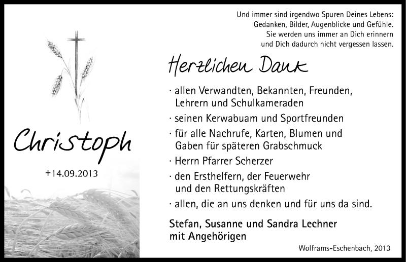  Traueranzeige für Christoph Lechner vom 12.10.2013 aus Altmühl-Bote Lokal