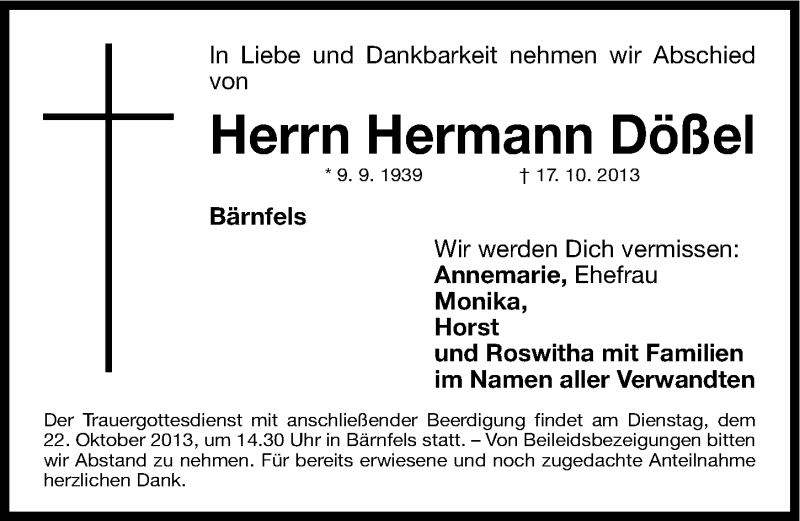  Traueranzeige für Hermann Dößel vom 19.10.2013 aus Nordbayerische Nachrichten Forchheim Lokal