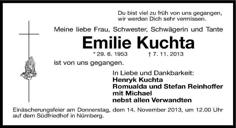  Traueranzeige für Emilie Kuchta vom 11.11.2013 aus Gesamtausgabe Nürnberger Nachrichten/ Nürnberger Ztg.