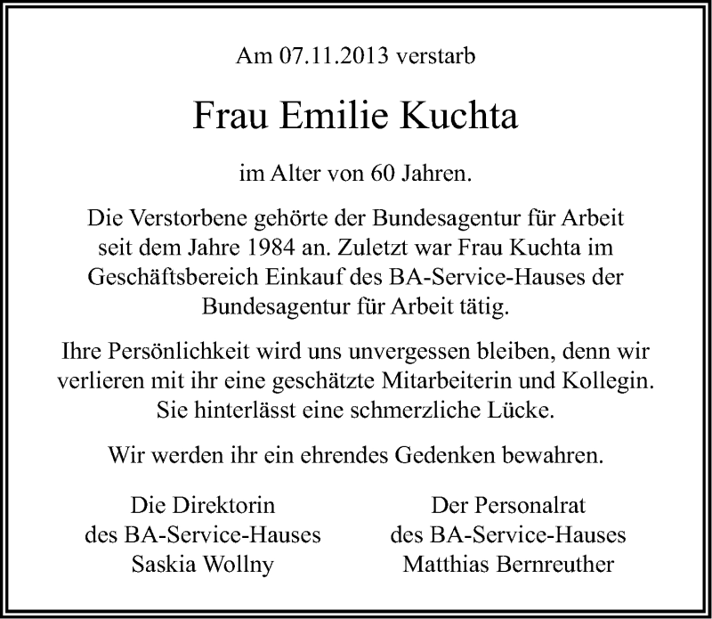  Traueranzeige für Emilie Kuchta vom 14.11.2013 aus Gesamtausgabe Nürnberger Nachrichten/ Nürnberger Ztg.