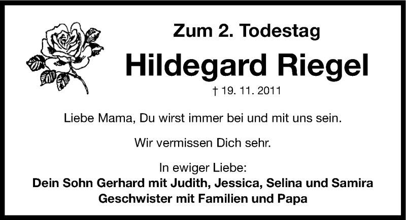  Traueranzeige für Hildegard Riegel vom 19.11.2013 aus Gesamtausgabe Nürnberger Nachrichten/ Nürnberger Ztg.