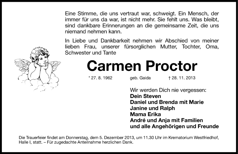  Traueranzeige für Carmen Proctor vom 30.11.2013 aus Gesamtausgabe Nürnberger Nachrichten/ Nürnberger Ztg.