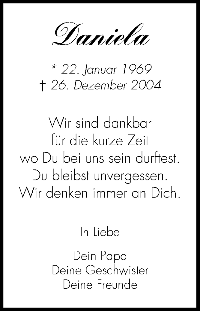  Traueranzeige für Daniela Zeus vom 24.12.2013 aus Roth-Hilpoltsteiner Volkszeitung Lokal